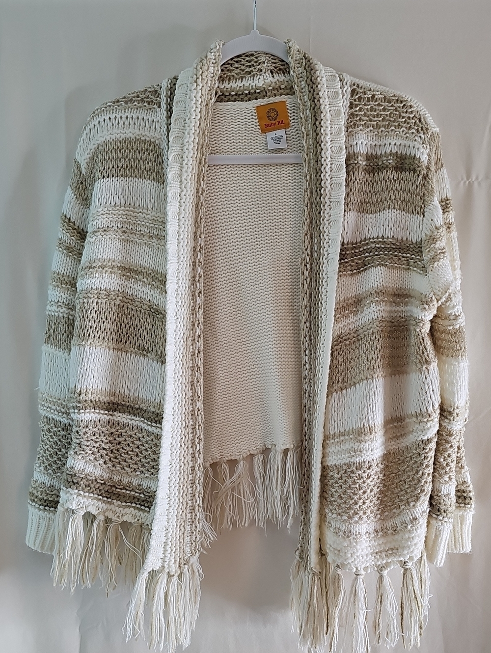 Ruby Rd. Cream and Tan Striped Open-Front Fringe Cardigan